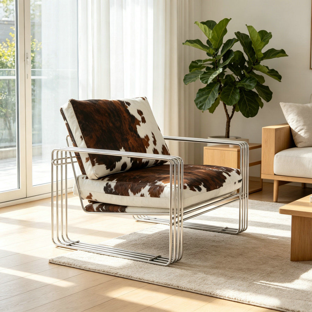 Cowhide Leather Accent Chair with Chrome Metal Frame, Modern Lounge Chair