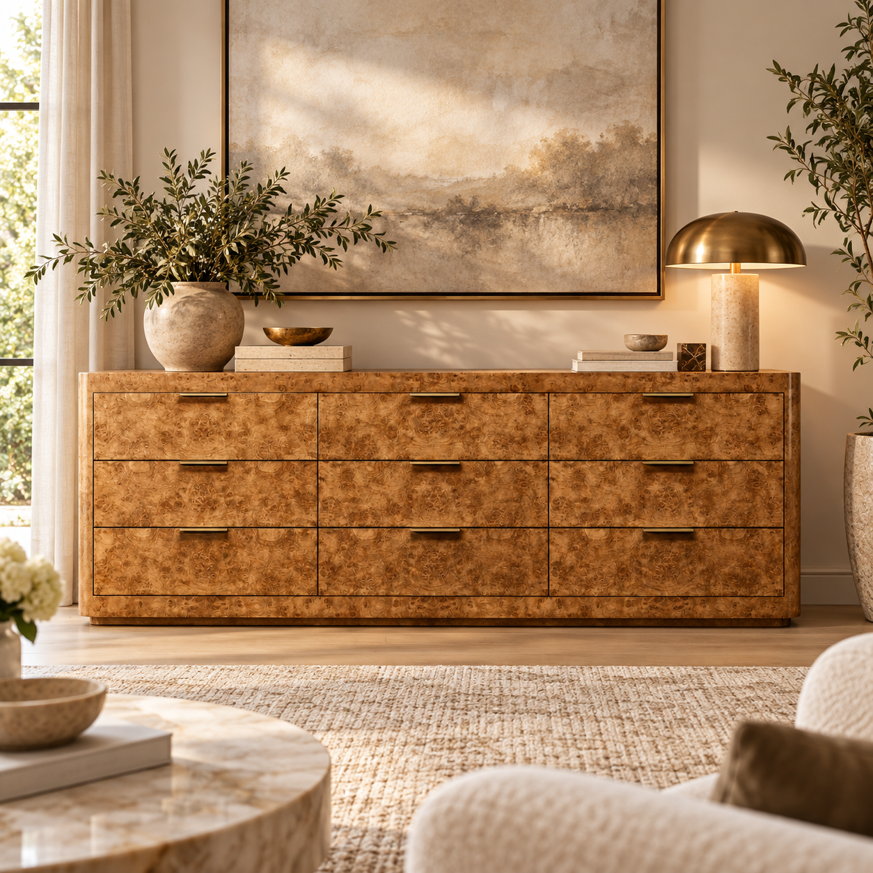 Burl Wood Dresser 9 Drawer Bedroom Chest Modern Double Credenza Storage Table