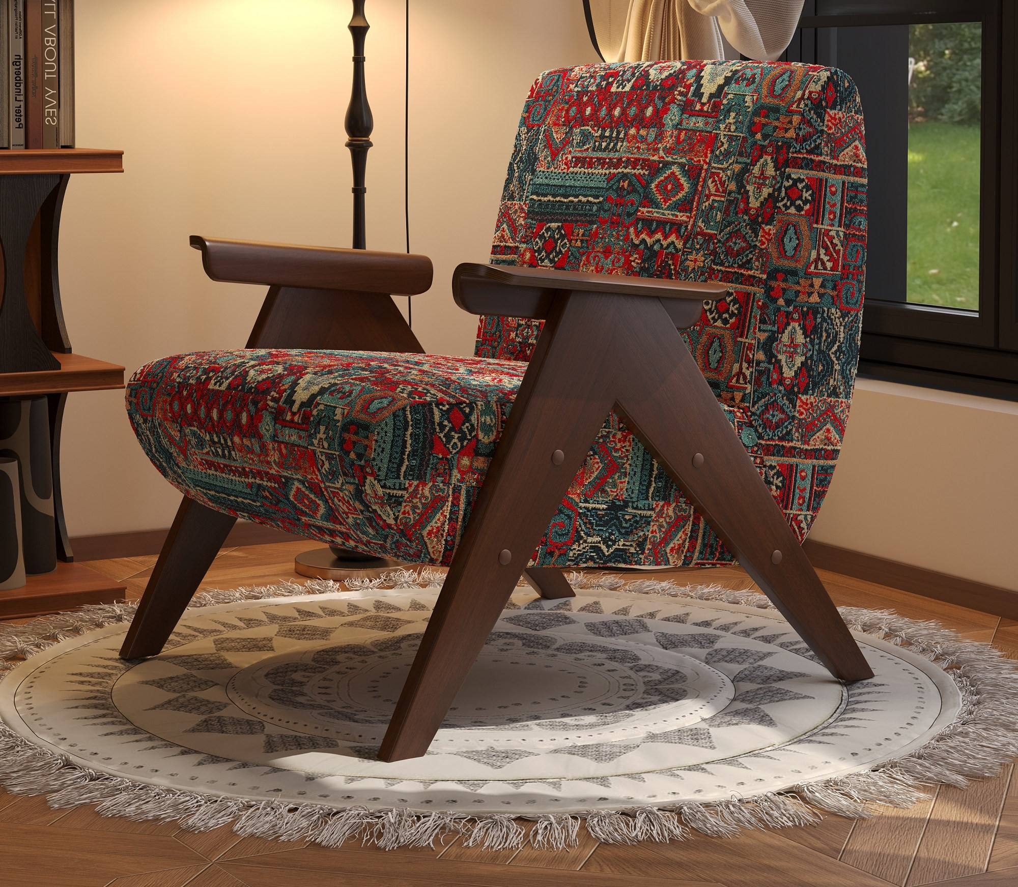 Ethnic Style Jacquard Wooden Accent Armchair