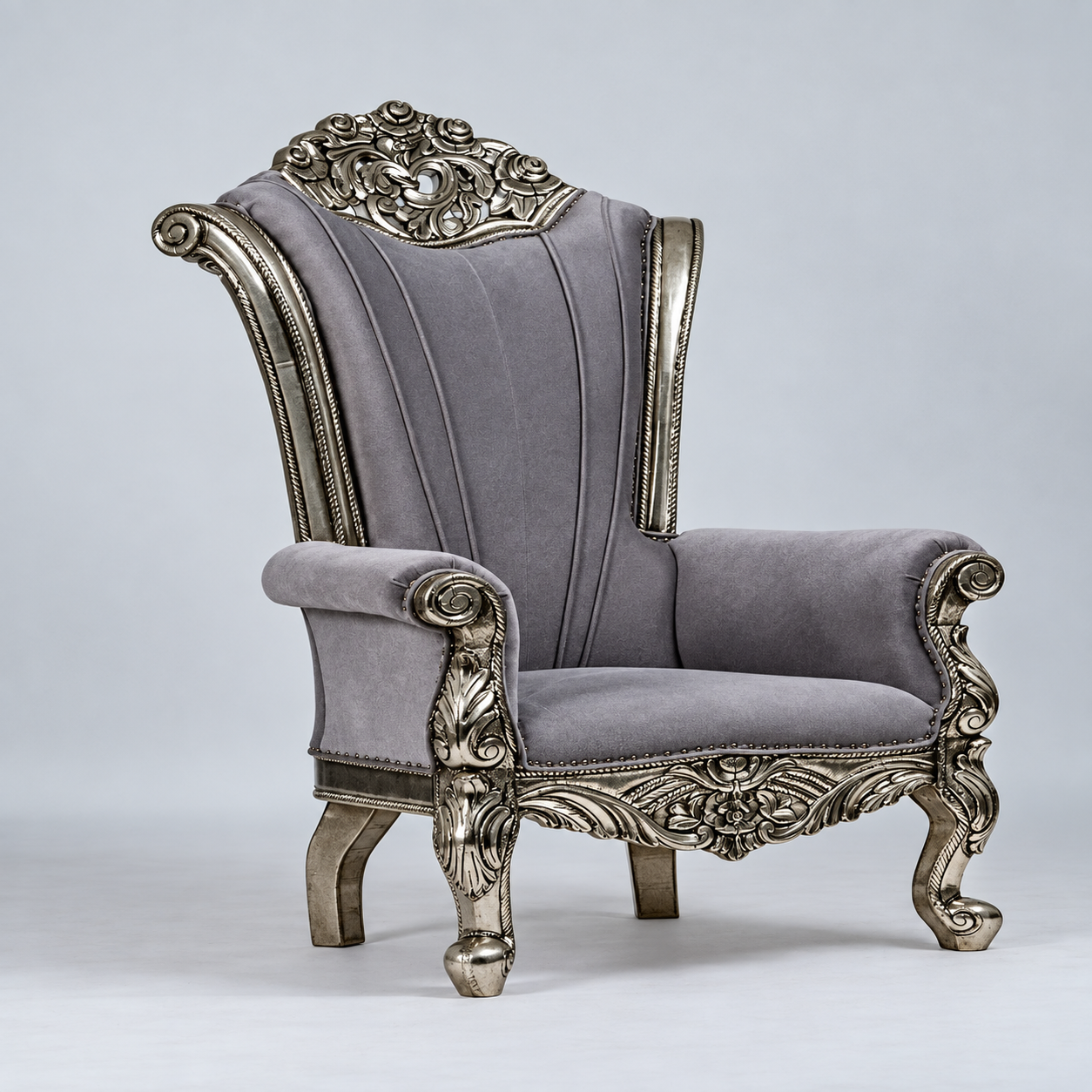 Silver Finish Carved Wooden Throne Chair
