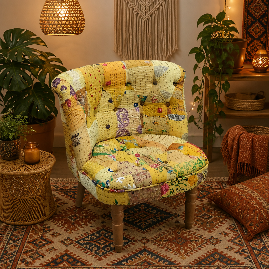 Yellow Kantha Patchwork Accent Chair with Tufted Back and Wood Legs