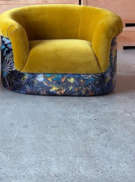 Luxury Mustard and Blue Botanical Velvet Club Armchair