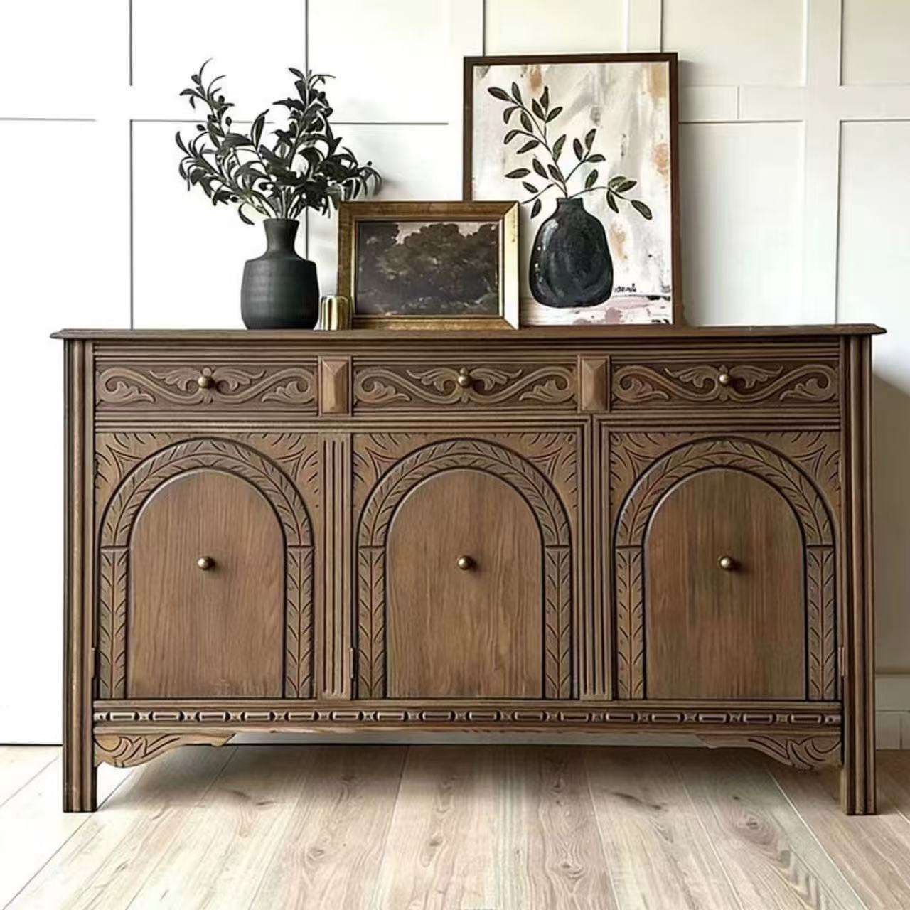 Carved Arch Wood Credenza