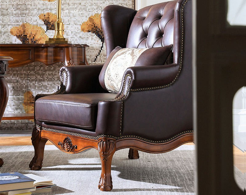 Classic Leather Wingback Accent Chair Carved Wood Armchair Living Room