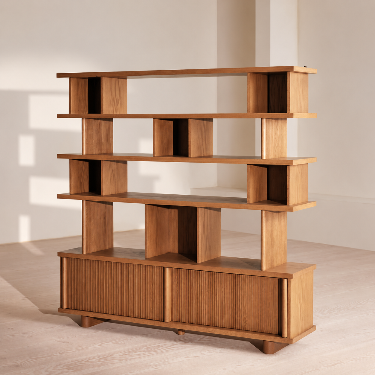 Slatted-Door Wood Storage Bookcase
