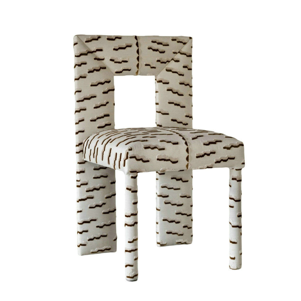 White Patterned Upholstered Dining Chair with Wood Frame, Modern Accent Chair