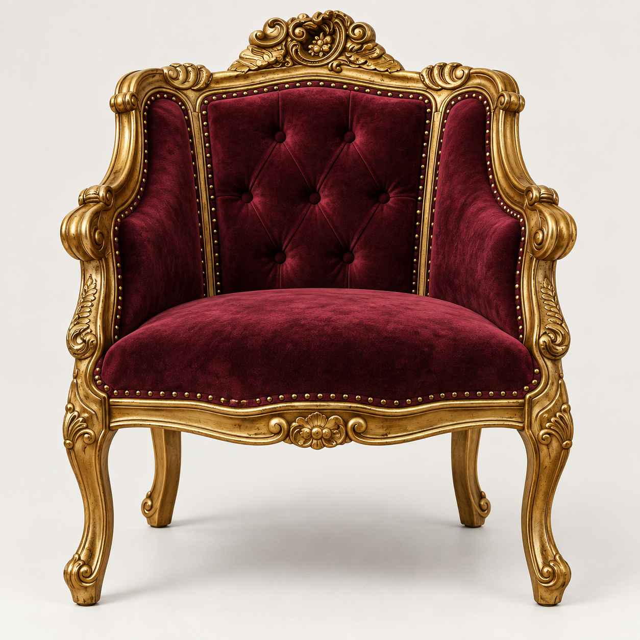 Burgundy Velvet Accent Chair Gold Carved Wood French Rococo Armchair