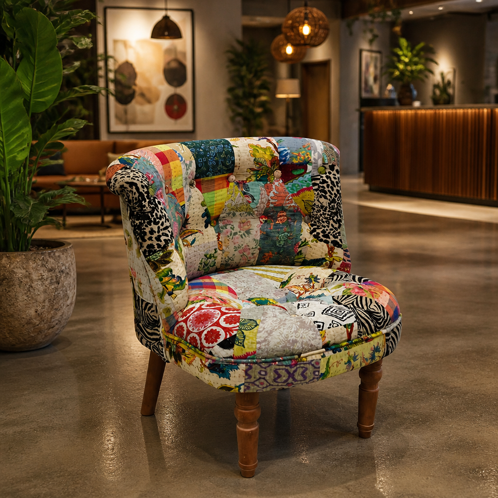 Multicolor Patchwork Accent Chair with Tufted Back and Turned Wood Legs
