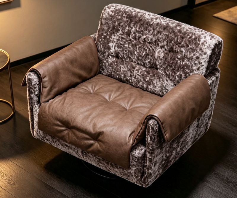 Brown Genuine Leather Swivel Accent Chair with Plush Fabric and Black Base