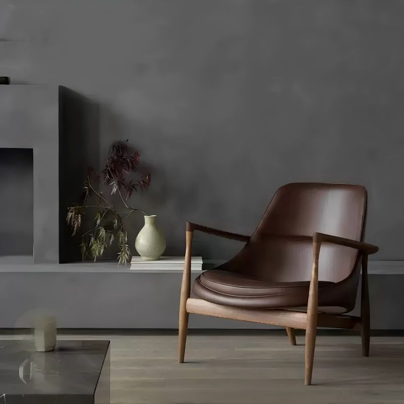Brown Upholstered Wood Lounge Chair, Modern Wabi-Sabi Accent Armchair