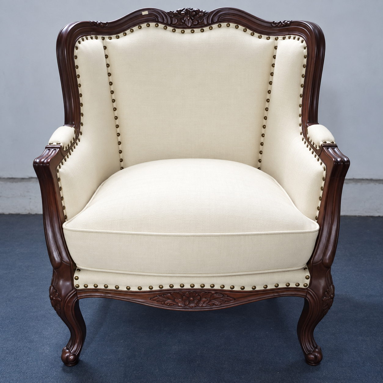 Classic Carved Wood and Cream Linen Accent Armchair