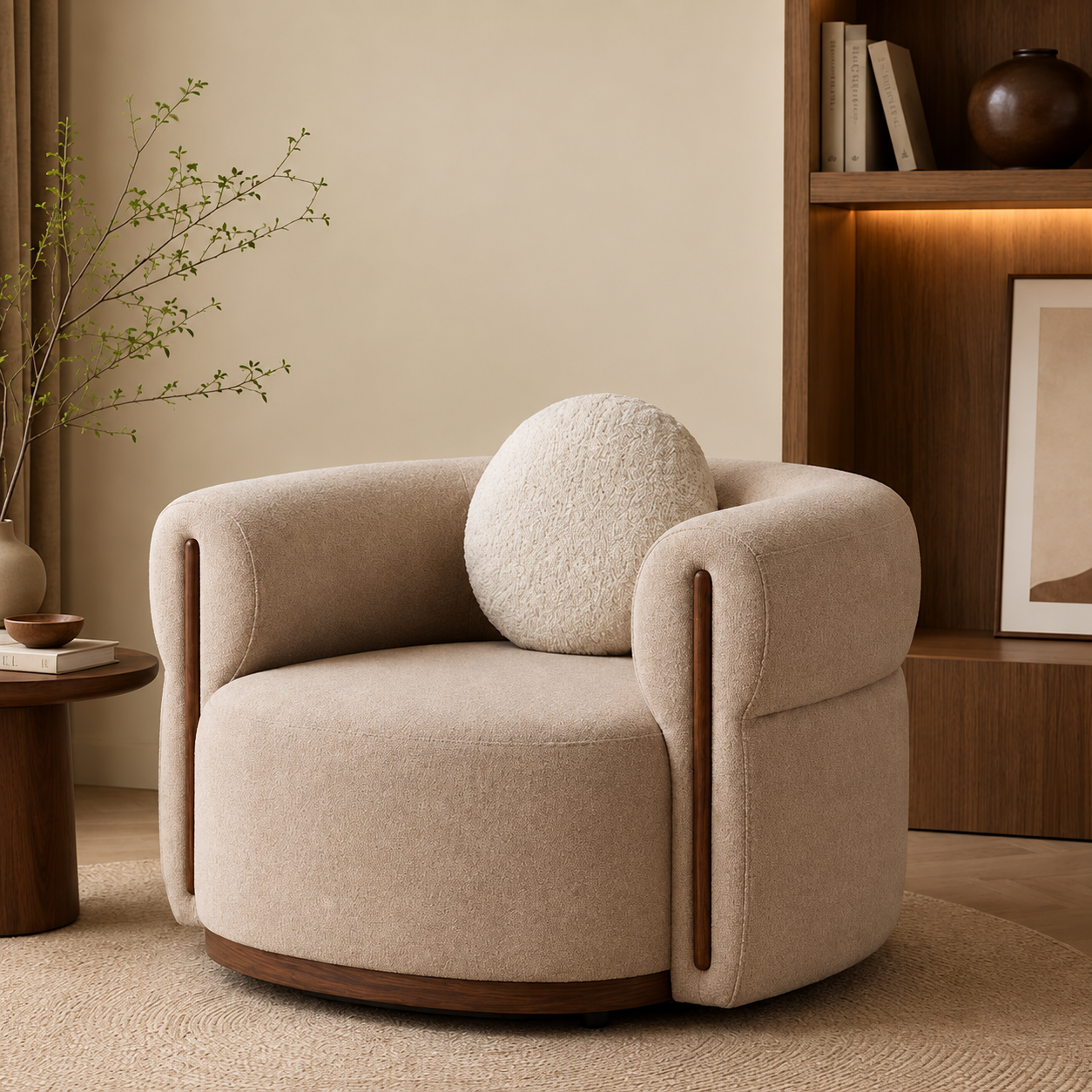 Modern Beige Velvet Barrel Lounge Chair