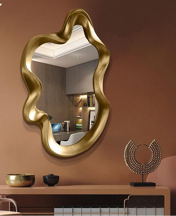 Gold Irregular Wall Mirror with Sculptural Wood Frame, Modern Home Decor