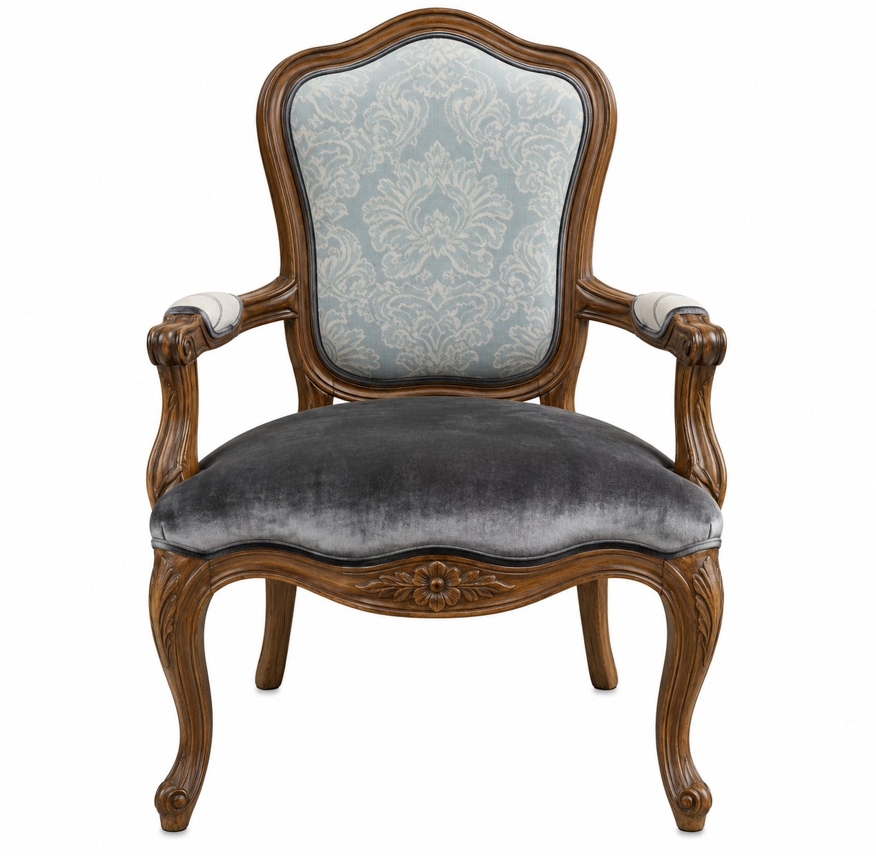 Classic Two-Tone Carved Wood and Fabric Dining Armchair