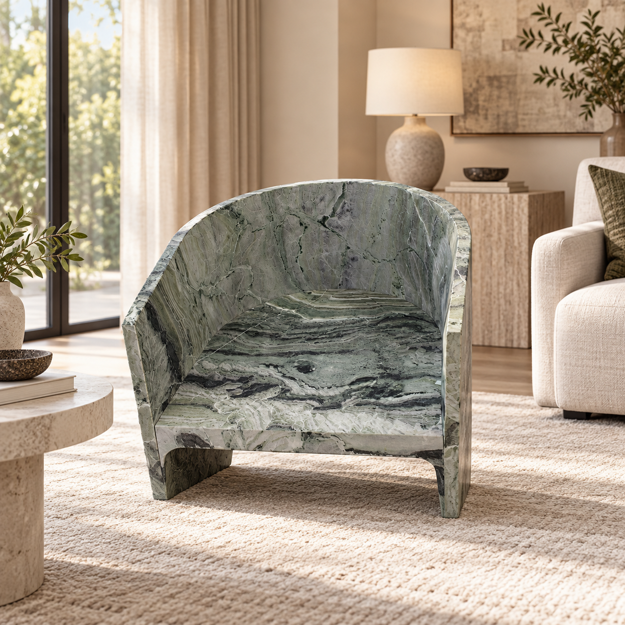 Verde Alpi Marble One-Seat Accent Lounge Chair