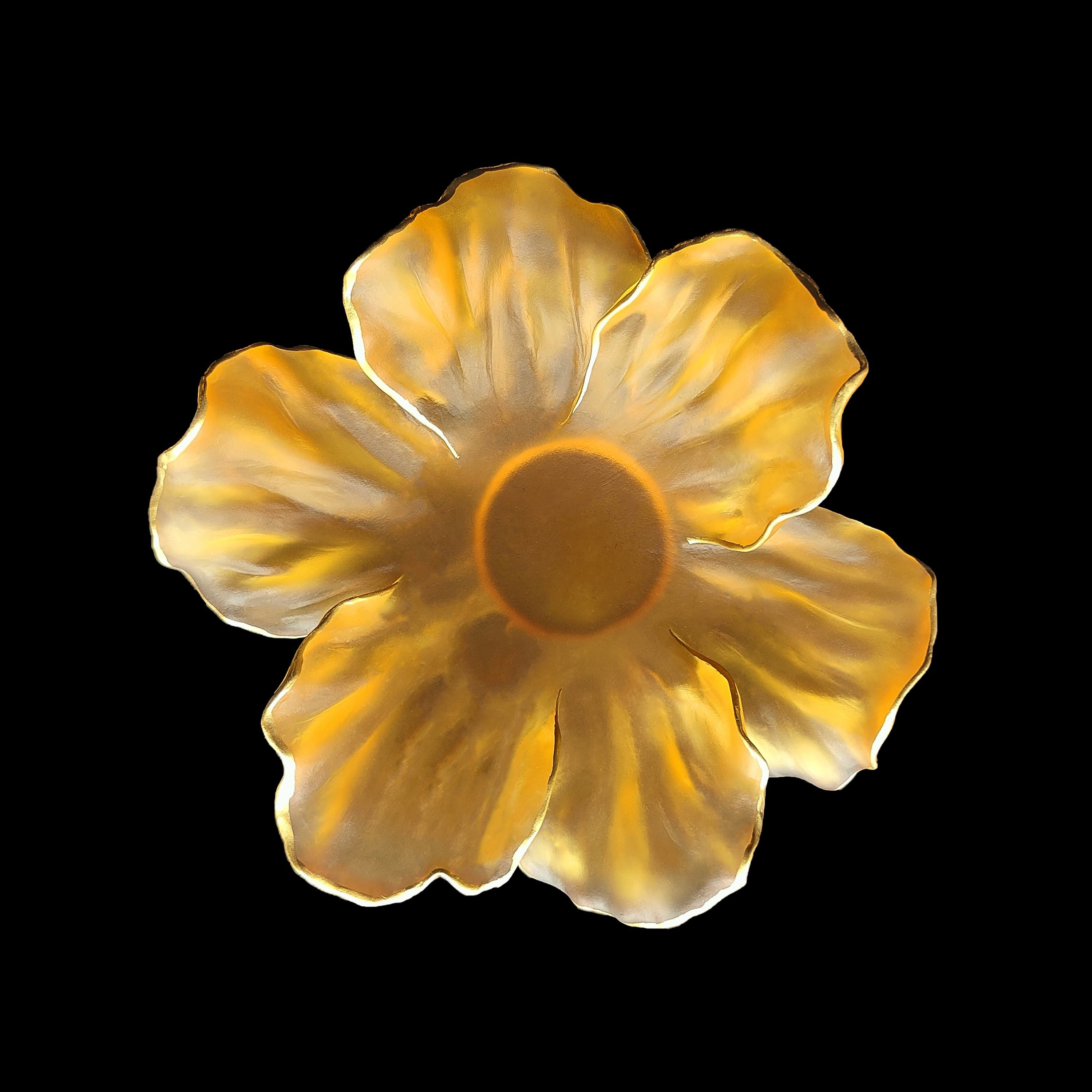Golden Crystal Flower Bowl Sculpted Blossom Art Glass Dish