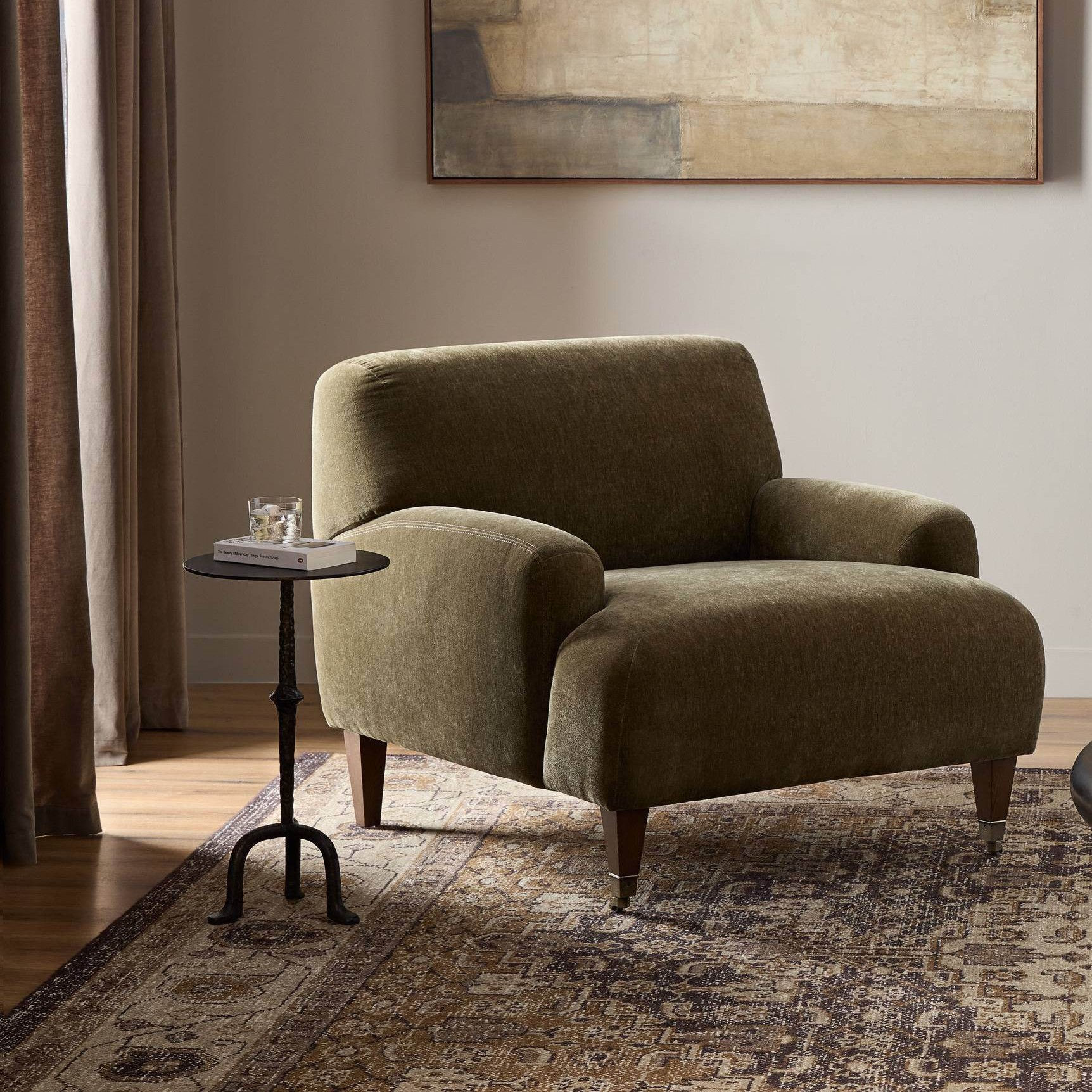 Olive Green Fabric Accent Chair, Cushioned Armchair with Wood Legs
