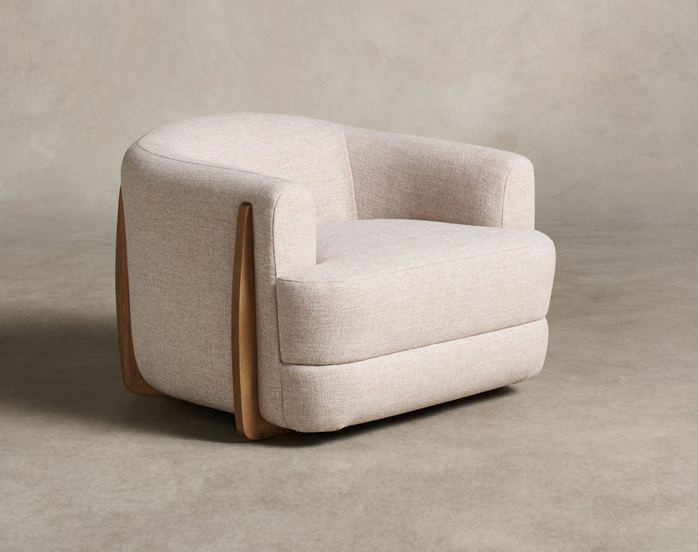 Cream Fabric Accent Chair, Modern Upholstered Lounge Chair with Wood Accents