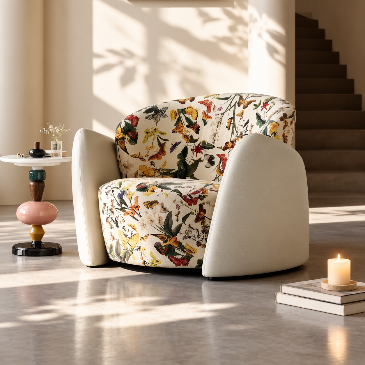 Armless Accent Chair, Floral Chenille Single Sofa Chair for Living Room
