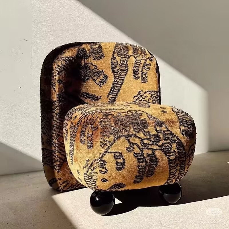 Sofa Chair, Caramel Yellow Printed Fabric Cushioned Wood Lounge Chair