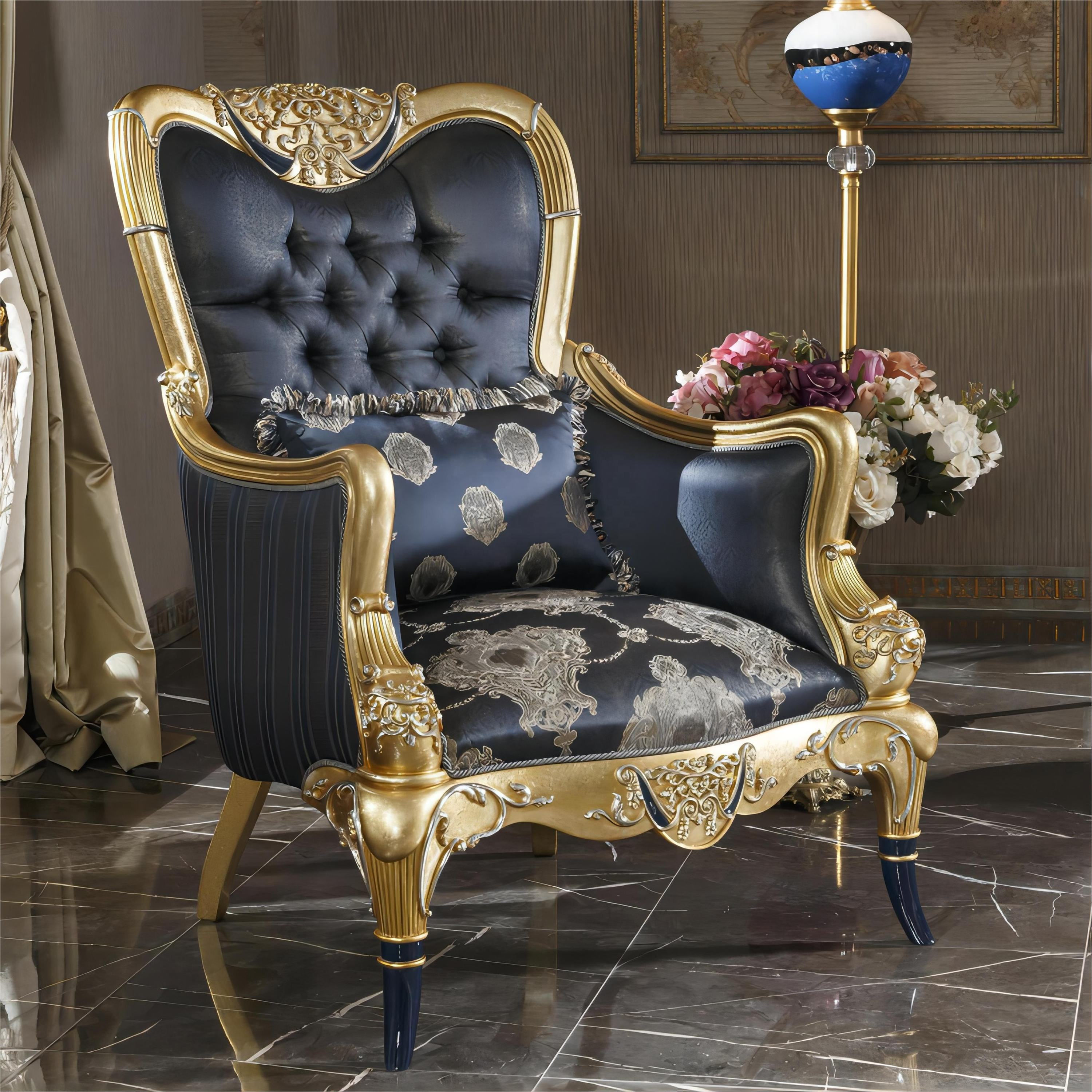 Baroque Gold-Trimmed Jacquard Living Room Armchair