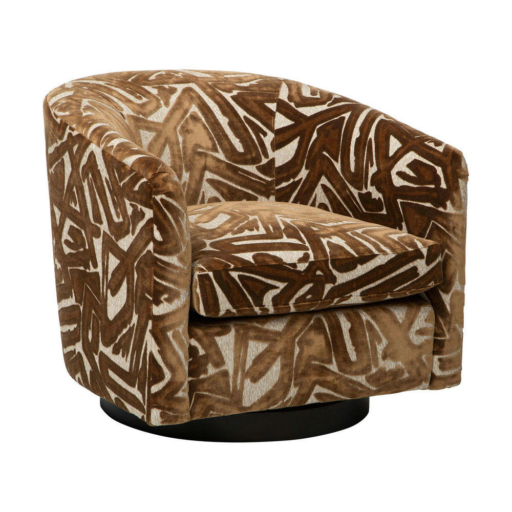 Brown Patterned Velvet Swivel Accent Chair, Modern Barrel Lounge Armchair