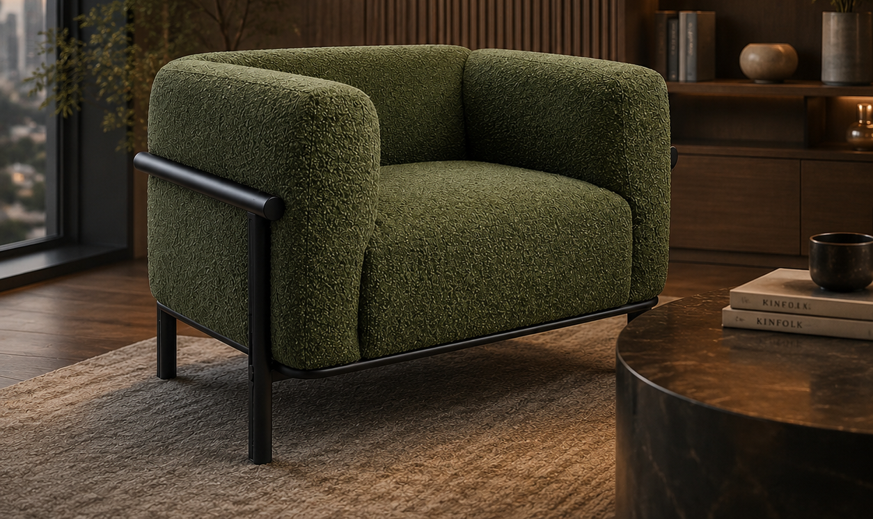 Green Textured Fabric Accent Chair with Black Metal Frame and Wide Seat