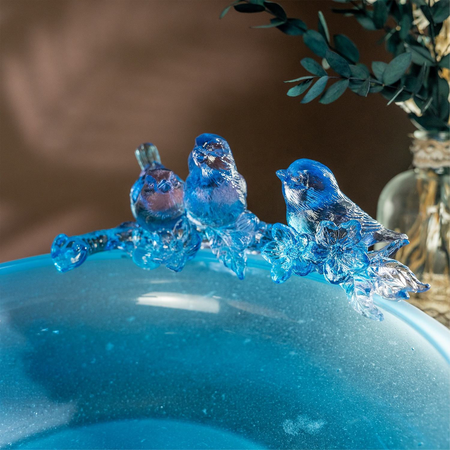 Blue Crystal Bird Bowl Sculpted Avian Art Glass Fruit Centerpiece