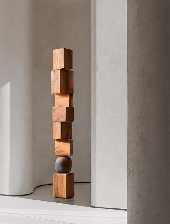 Stacked Wooden Block and Sphere Totem Sculpture