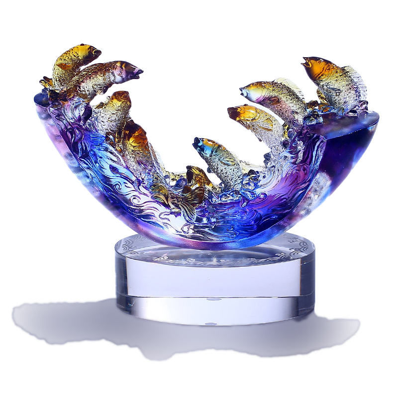 Multicolor Crystal Goldfish Sculpture Carved Art Glass Aquatic Figurine