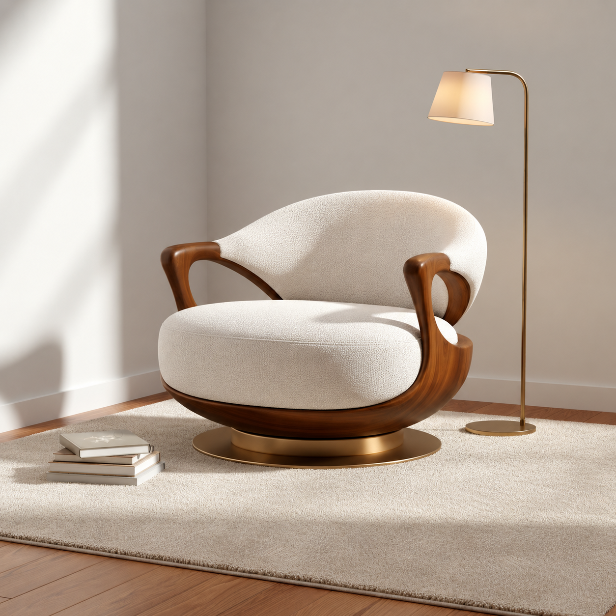 Cream Boucle Swivel Accent Chair, Curved Wood Lounge Chair with Gold Base