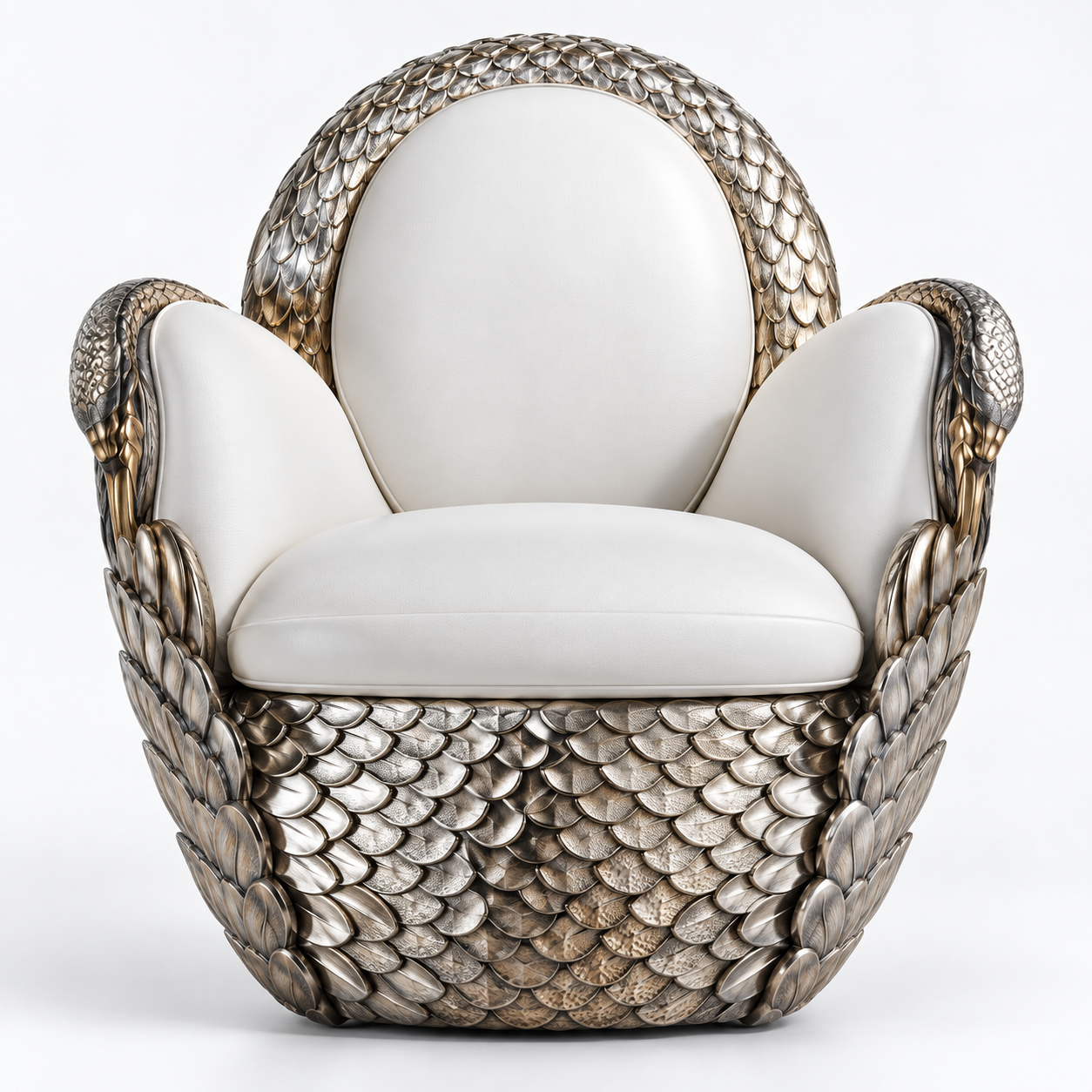 Carved Swan Accent Chair Silver Sculptural Leather Armchair