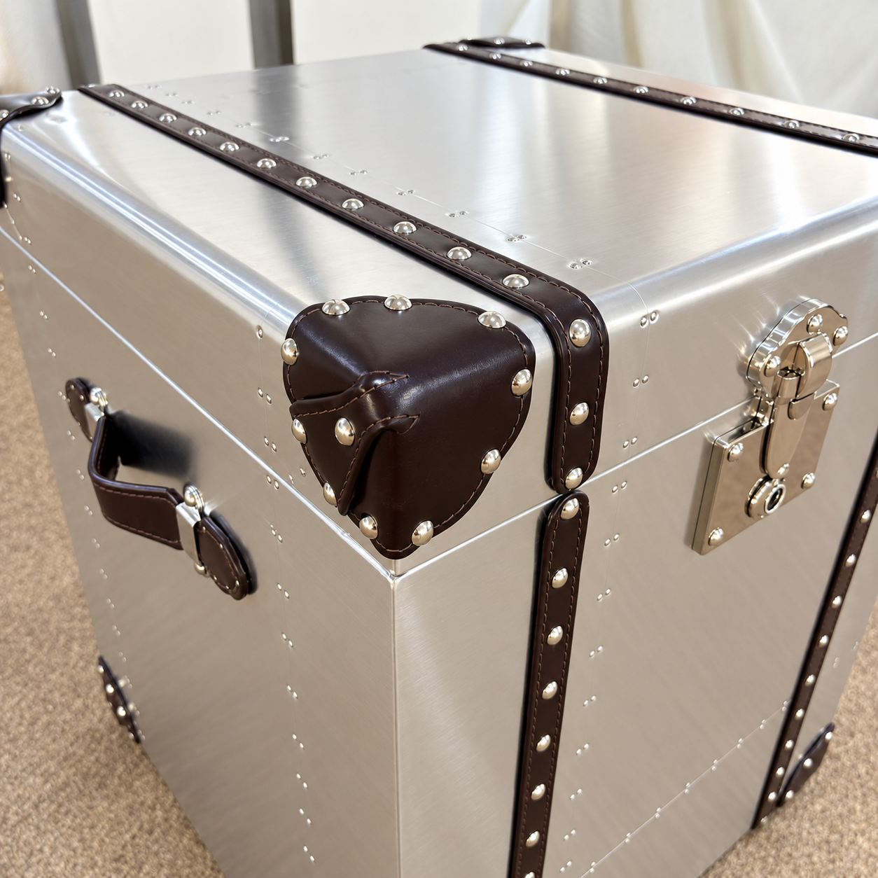 Modern Silver Metal and Leather Storage Trunk