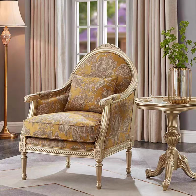 French Neoclassical Gold Accent Chair Floral Upholstered Carved Wood Armchair