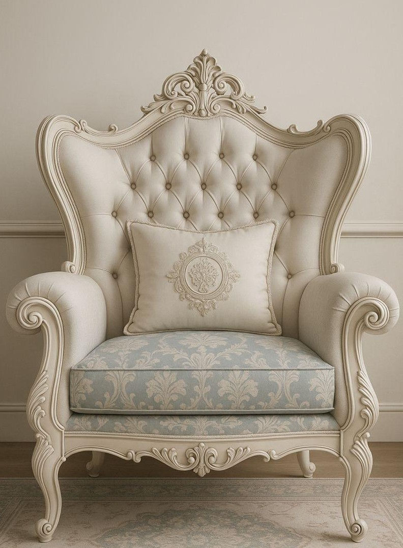 Ivory Carved Wood Tufted Accent Chair