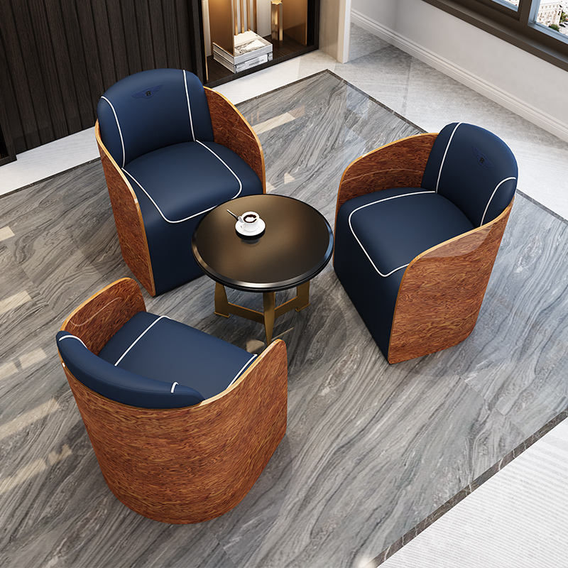 Navy Blue Leather Swivel Accent Chair with Curved Wood Grain Shell