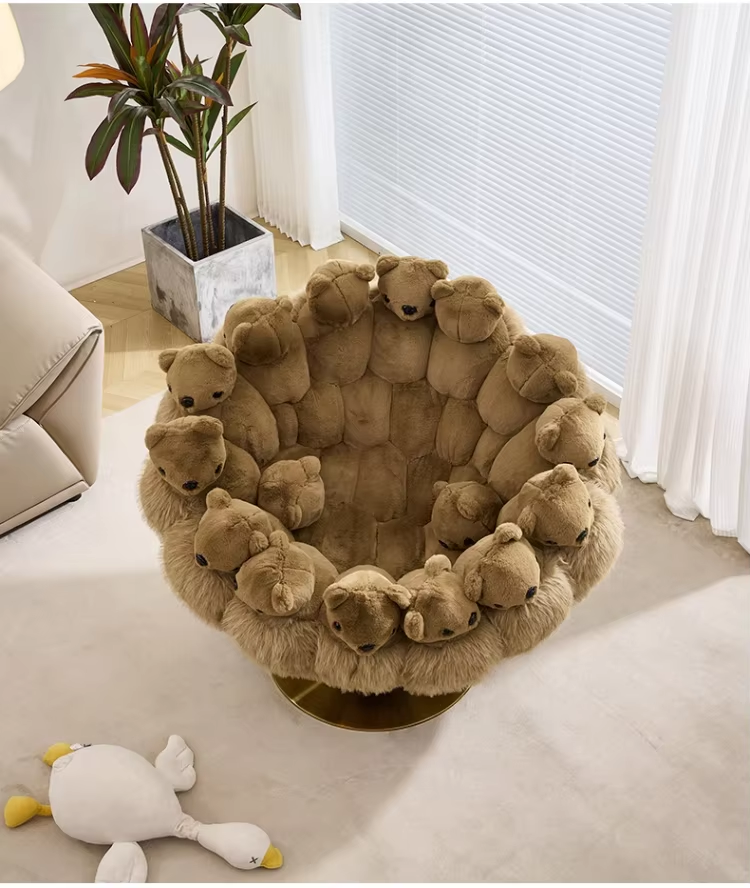Brown Plush Bear Accent Chair with Animal Doll Design and Gold Metal Base