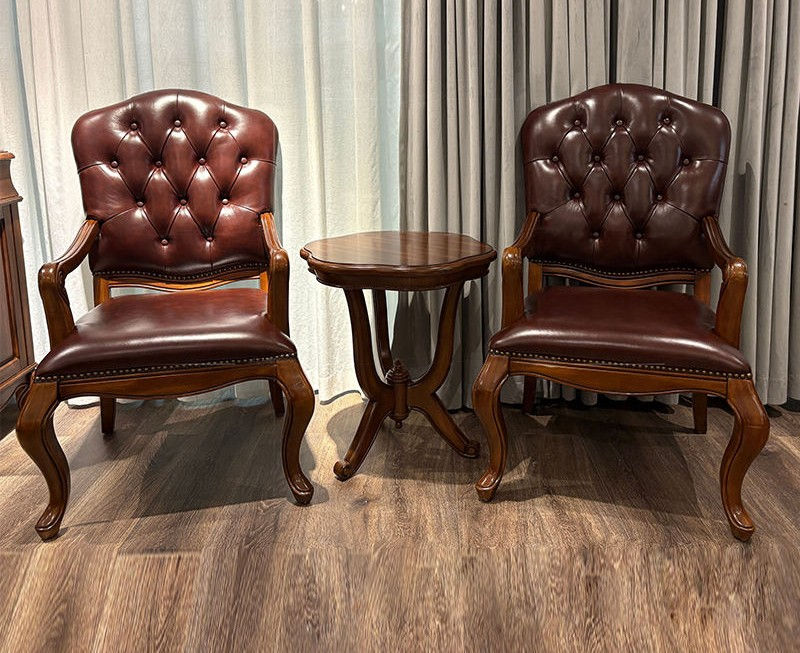 Traditional Leather Tufted Accent Armchair Carved Wood Side Chair