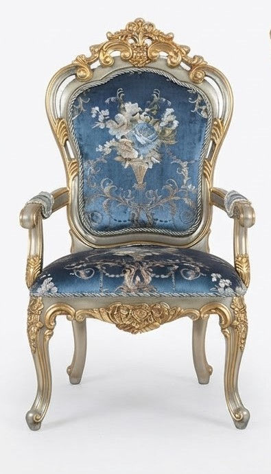 Blue Velvet French Rococo Accent Chair Gold Carved Armchair