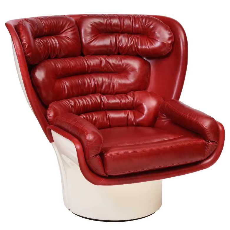 Red Leather Lounge Chair with Sculptural White Shell and Padded Back