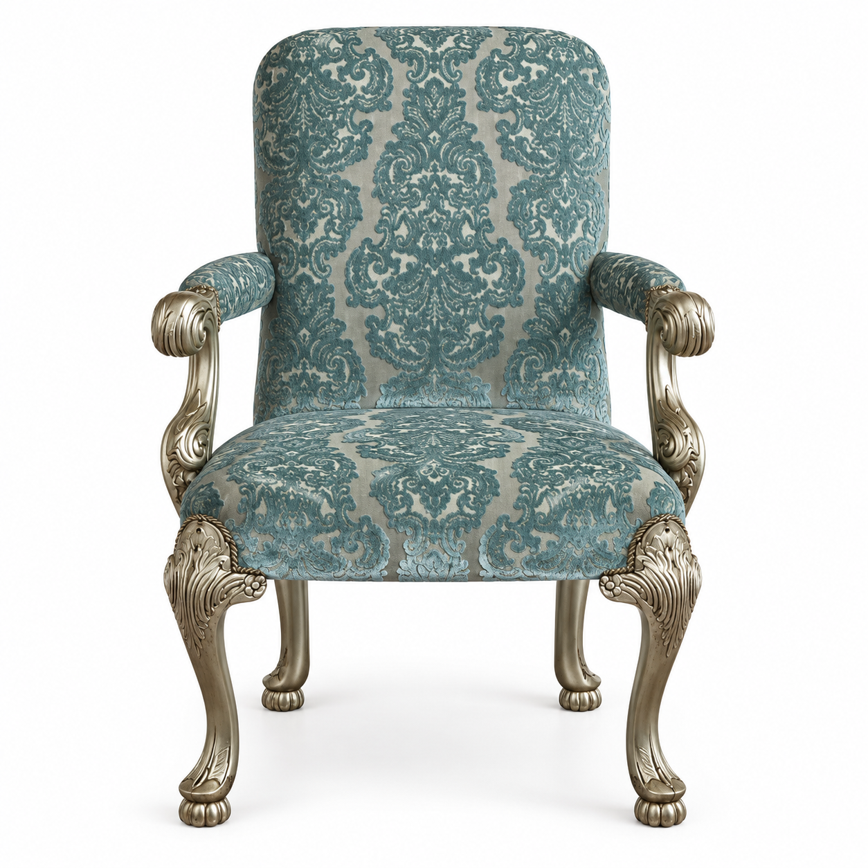 European Carved Accent Chair Blue Damask Upholstered Armchair
