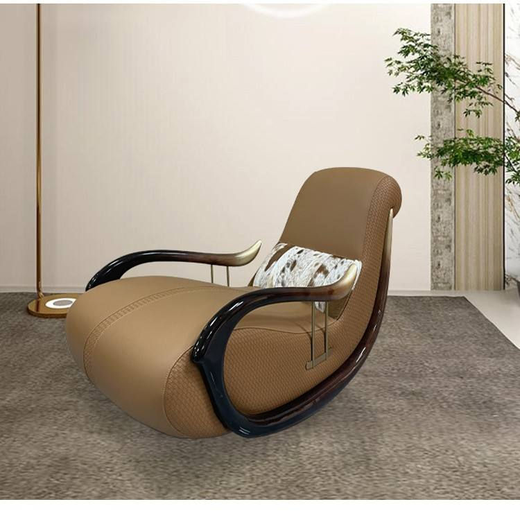 Modern Leather Rocking Chair with Wood Veneer Armrests