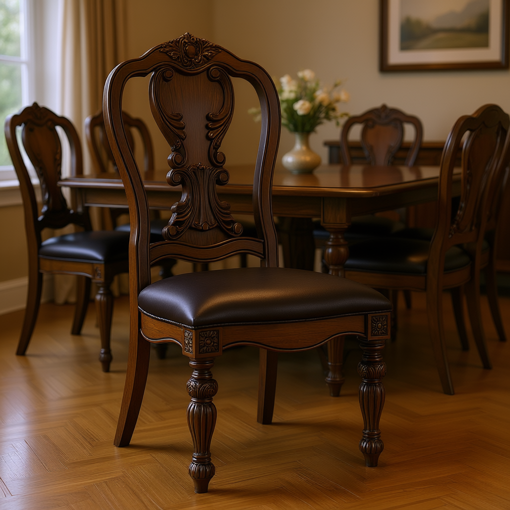 Traditional Carved Wood Faux Leather Dining Side Chair