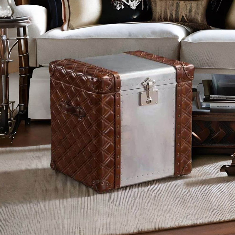 Quilted Leather and Aluminum Trunk Nightstand