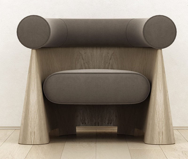 Modern Upholstered Single Accent Chair Round Bolster Armrest Wood Frame Lounge