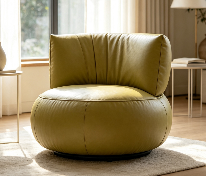 Olive Green Genuine Leather Swivel Accent Chair with Steel Base