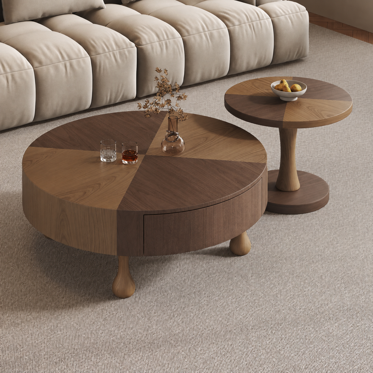 Minimalist Light Luxury Retro Walnut Color Coffee Table Set