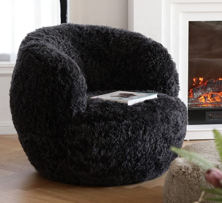 Black Lamb Fur Accent Chair with Round Barrel Back and Plush Seat