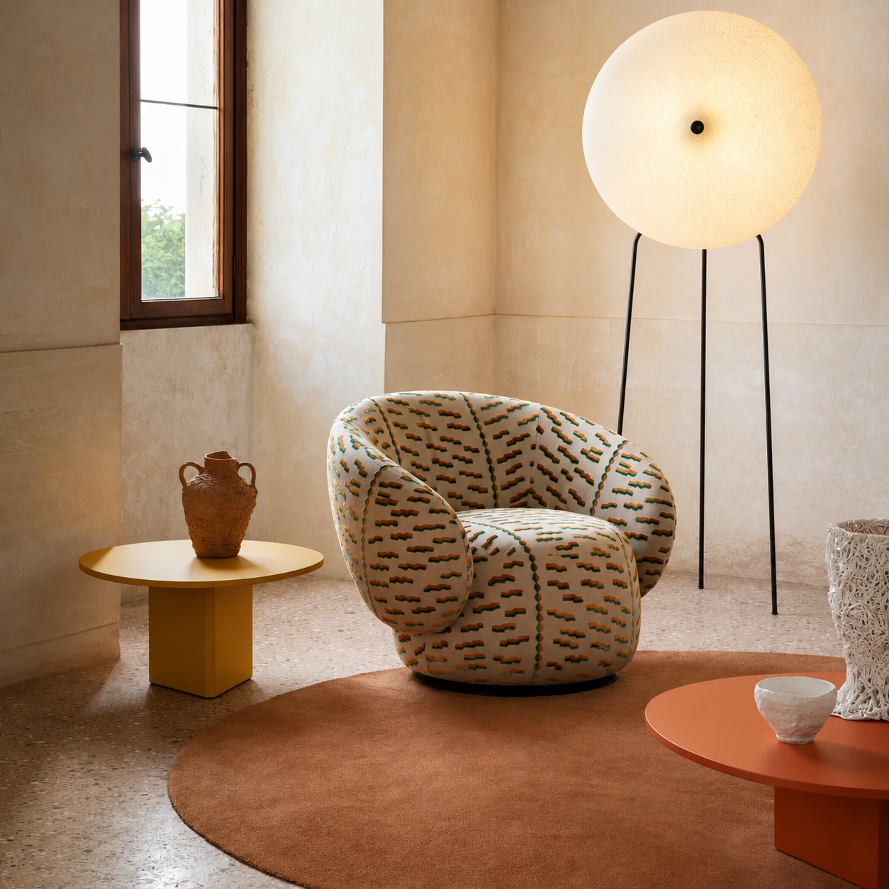 Cream Geometric Upholstered Accent Chair, Round Barrel Lounge Chair