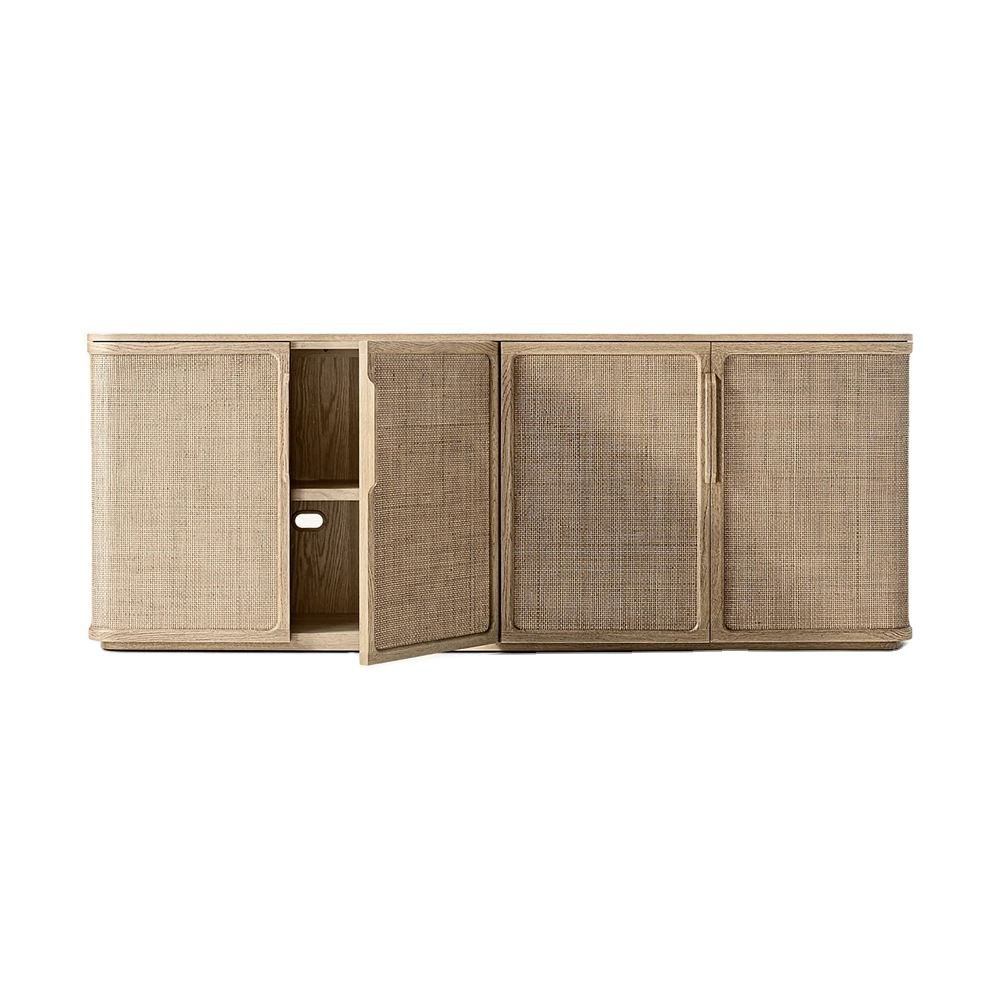 Light Oak Woven Sideboard Cabinet 4 Door Grasscloth Buffet Credenza